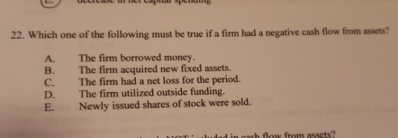 UCCICase WC Capital Spung 22. Which one of the following must be true if a firm had a negative cash flow from assets? A. The