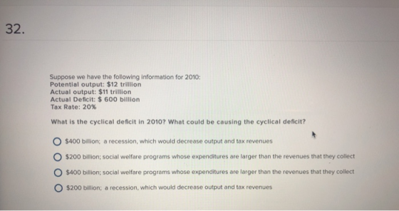 32. Suppose we have the following information for 2010: Potential output: $12 trillion Actual output: $11 trillion Actual Def