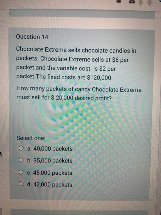 Question 14: Chocolate Extreme sells chocolate candies in packets. Chocolate Extreme sells at $6 per packet and the variable