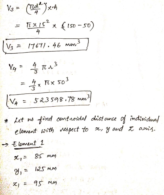 V3 = ( 72 Jeth = Tix5° x f150-50) | V3 = 14671: 46 mm3 ] = 4 x Tix 503 IV 523598.78 mm? * Let us find centroidal distance of