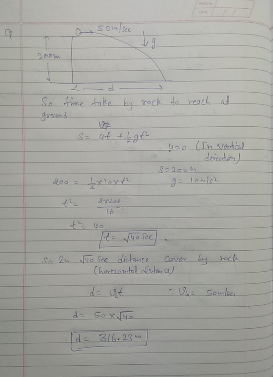 PAGEN DATE o som/see 200 m take by rock to reach at So time ground Sa ut t t gt2 420 (In vertical direction) S=200m g= 10m/s2
