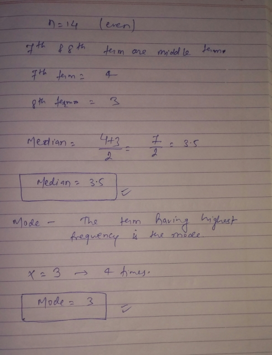 n = 14 leven) ofth & 8th term are middle terme 9th fama a 8th feemn = 3 8.5 Mediana 443 1 Median = 3.5 = Median 3.5 Mode - Th