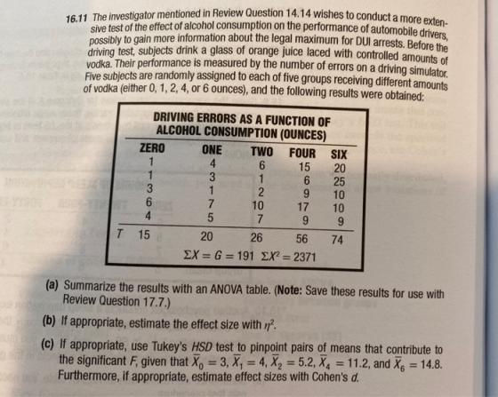 16.11 The investigator mentioned in Review Question 14.14 wishes to conduct a more exten- sive test of the effect of alcohol