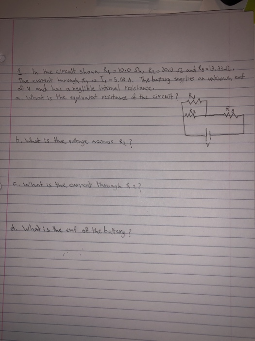 1. In the circuit shown, R - 10.on, Rac 2000 R and R₂ = . 3 2. The current through he is I, 5.004. The battery supplies an un