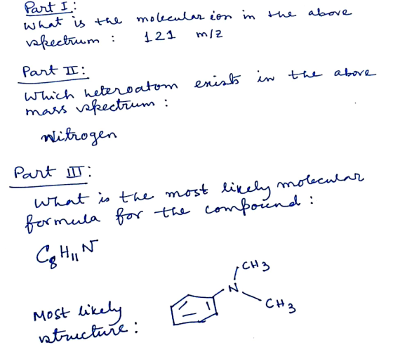 the above Part I: What is the molecular ion in skectrum : 121 miz Part II exists in the above which heteroatom mass spectrum