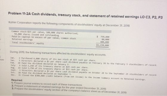 Problem 11-2A Cash dividends, treasury stock, and statement of retained earnings LO C3, P2, P3 Kohler Corporation reports the