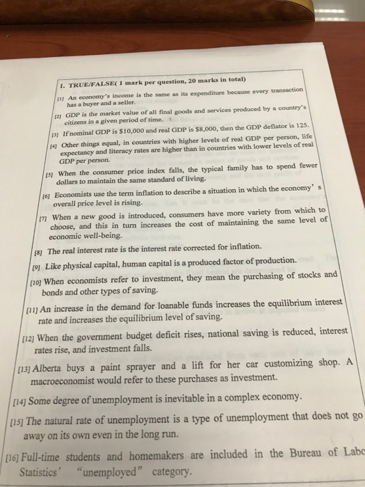 1. TRUE/FALSEC 1 mark per question, 20 marks in total) aj An economys income is the same as its expenditure because every transaction has a buyer and a seller. 12 GDP is the market value of all final goods and services produced by a countrys citizens in a given period of time. t 3) Ifnominal GDP is $10,000 and real GDP is $8,000, then the GDP deflator is 125. Other things equal, in countries with higher levels of real GDP per person, life expectancy and literacy rates are higher than in countries with lower levels of real GDP per person. 151 When the consumer price index falls, the typical family has to spend fewer dollars to maintain the same standard of living. Economists use the term inflation to describe a situation in which the economys 161 overall price level is rising. n When a new good is introduced, consumers have more variety from which to choose, and this in turn increases the cost of maintaining the same level of economic well-being. (8) The real interest rate is the interest rate corrected for inflation. (9] Like physical capital, human capital is a produced factor of production. (1oj When economists refer to investment, they mean the purchasing of stocks and bonds and other types of saving. (11) An increase in the demand for loanable funds increases the equilibrium interest rate and increases the equilibrium level of saving. li12j When the govenment budget deficit rises, national saving is reduced, interest rates rise, and investment falls. (13) Alberta buys a paint sprayer and a lift for her car customizing shop. A macroeconomist would refer to these purchases as investment 14) Some degree of unemployment is inevitable in a complex economy. S) The natural rate of unemployment is a type of unemployment that does not go (1 away on its own even in the long run. (16) Full-time students and homemakers are included in the Bureau of Labo Statistics unemployed category