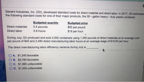 Genent Industries, Inc. (GlI), developed standard costs for direct material and direct labor. In 2017, Gll estimated the foll