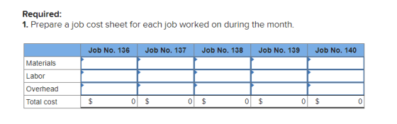 Required: 1. Prepare a job cost sheet for each job worked on during the month. Job No. 136 Job No. 137 Job No. 138 Job No. 13