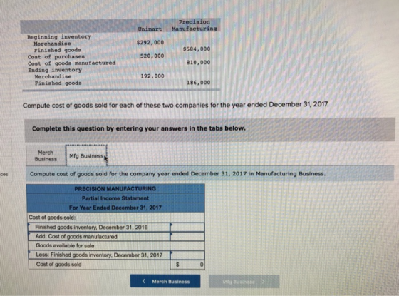 Precision Manufacturing Unimart $292,000 520,000 $584,000 Beginning inventory Merchandise Finished goods Cost of purchases Co