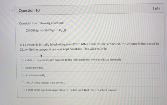 1 pts Question 10 Consider the following reaction: 2NOBr(g) + 2NO(g) + Bra(s) A1 L vessel is initially filled with pure NOBr.