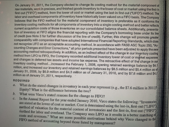 On January 31, 2011, the Company elected to change its costing method for the material component of raw materials, work in pr