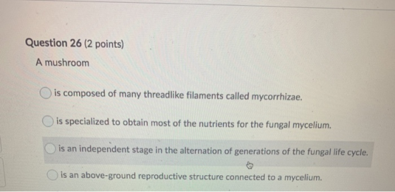 Question 26 (2 points) A mushroom O is composed of many threadlike filaments called mycorrhizae. O is specialized to obtain m