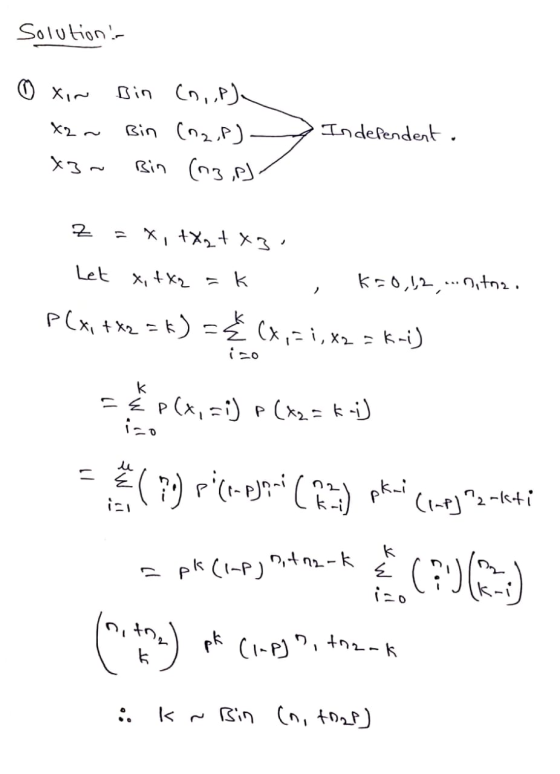 Solution ♡ Xin Bin (n ,,P) X2 ~ Bin (m2,P) X3~ Bin (03,p] / Independent. z = x, +Xqtxa. x, tXq=k Let , K=0,1,2,...ntna. P(x,