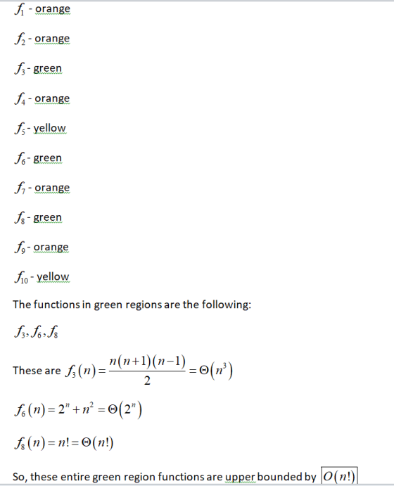 ½-orange J3 green 4 orange fs-yellow 7- orange EXCn o-orange io-yellow The functions in green regions are the following Ihese are I,(n) n(nH)(n 1) θ(n, These are (1) So, these entire green region functions are upper bounded by O(n!