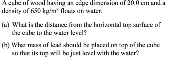 A cube of wood having an edge dimension of 20.0 cm and a (a) What is the distance from the horizontal top surface of the cube