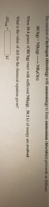 The reaction of hydrogen chloride(g) with ammonia(g) to form ammonium chloride(s) proceeds as follows. HCI(g) + NH3(g) - NHAC