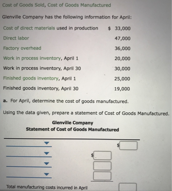 Cost of Goods Sold, Cost of Goods Manufactured Glenville Company has the following information for April: Cost of direct materials used in production 33,000 Direct labor Factory overhead Work in process inventory, April 1 Work in process inventory, April 30 Finished goods inventory, April 1 Finished goods inventory, April 30 a. For April, determine the cost of goods manufactured. Using the data given, prepare a statement of Cost of Goods Manufactured. 47,000 36,000 20,000 30,000 25,000 19,000 Glenville Company Statement of Cost of Goods Manufactured Total manufacturing costs incurred in April