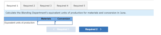 Required 1 Required 2 Required 3 Required 4 Required 5 Calculate the Blending Departments equivalent units of production for