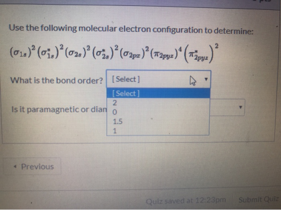 Use the following molecular electron configuration to determine: (012) (07.)? (02.) (03.) ° (62roa) (Tapop)(Taput) What is th