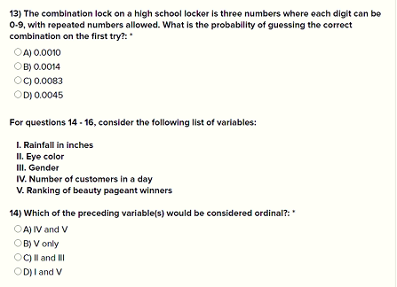 13) The combination lock on a high school locker is three numbers where each digit can be 0-9, with repeated numbers allowed.