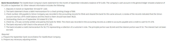 Bank Reconciliation The Seattle Boat Companys bank statement for the month of September indicated a balance of $15,400. The