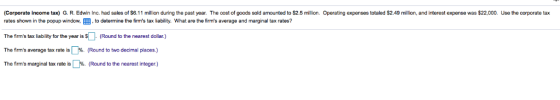 (Corporate income tax) G. R. Edwin Inc. had sales of $6.11 millicn during the past year. The oost of goods sold amounted to $