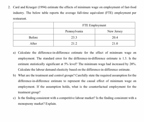 2. Card and Krueger (1994) estimate the effects of minimum wage on employment of fast-food industry. The below table reports