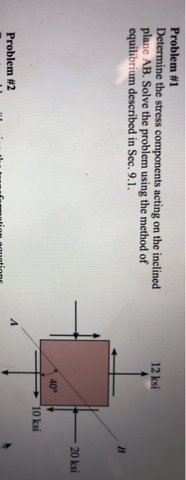 Problem #1 Determine the stress components acting on the inclined plane AB. Solve the problem using the method of equilibrium described in Sec. 9.1. 12 ksi 20 ksi 40° 10 ksi Problem #2