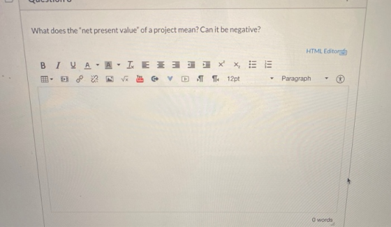 QUEJLIUNU What does the net present value of a project mean? Can it be negative? HTML Editor BIVAA IEZI 1 x x EDO V VD 12pt