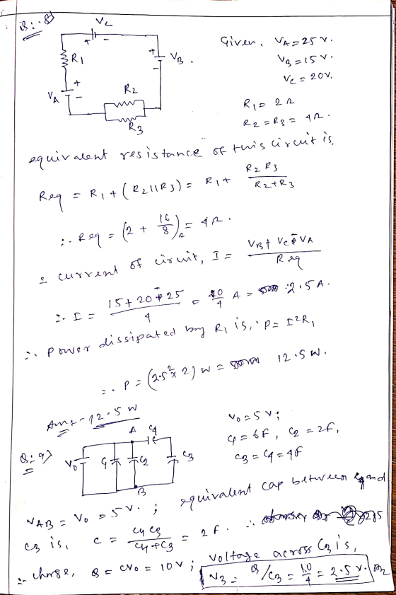anar 12.5 w is Given, VA = 25%. RI ar + R2 VB=15r. Ve=2ov. www Ri= ar R₃ R2 =Rg= 4R. equivalent resistance of this circuit is