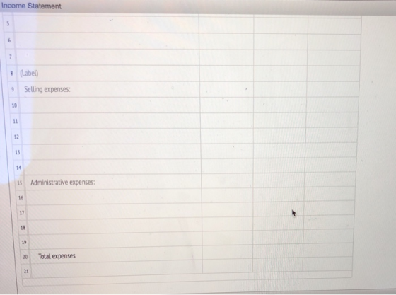 Income Statement 8 9 (Label) Selling expenses: Administrative expenses: 20 Total expenses