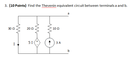 3. (10 Points) Find the Thevenin equivalent circuit between terminals a and b. a 30 22 2002 102 I 51 ЗА b