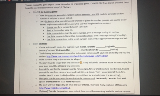 ceBOOK . . . You can choose the game of your choice. Below is a list of possible games. CHOOSE ONE from the list provided. Do
