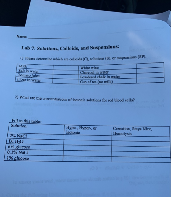 Name: Lab 7: Solutions, Colloids, and Suspensions: 1) Please determine which are colloids (C), solutions (S), or suspensions