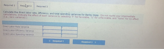 Reaed 2 Required 1 Required 3 Calculate the direct labor rate, èfficiency, and total spending variances for Barley Hopp. (Do