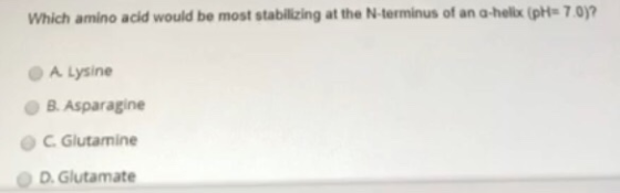 Which amino acid would be most stabilizing at the N-terminus of an a-hellx (pH=7.0)? A Lysine B. Asparagine C Glutamine D. Gl