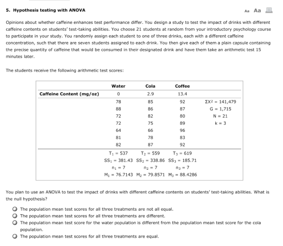 5. Hypothesis testing with ANOVA Aa Aa E Opinions about whether caffeine enhances test performance differ. You design a study