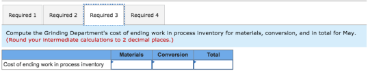 Required 1 Required 2Required 3 Required 4 Compute the Grinding Departments cost of ending work in process inventory for materials, conversion, and in total for May (Round your intermediate calculations to 2 decimal places.) Materials Conversion Total Cost of ending work in process inventory