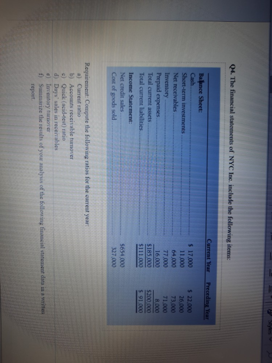 Styles Q4. The financial statements of NYC Inc. include the following items: Current Year Preceding Year Balance Sheet: Cash