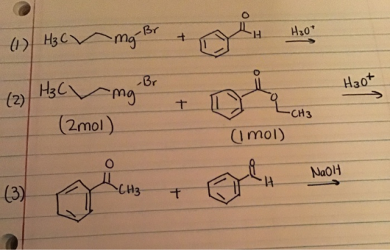 -Br + H30* Н (1) H3 C mg -Br H₃C mg Haot (2) + •CH3 (2mol) (mol) Naolt H (3) -CH₃ +