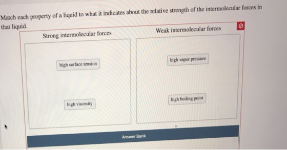 Match each property of a liquid to what it indicates about the relative strength of the intermolecular forces in that liquid.