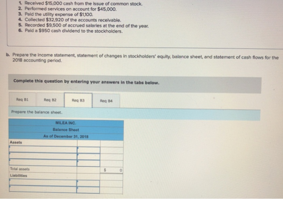 1. Received $15,000 cash from the issue of common stock. 2. Performed services on account for $45,000. 3. Pald the utility ex