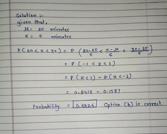 Salution - given that, minutes 25 minutes PC20x30)P(20S 3-25 P(z1)-P(z-1) O.IS87 o.8413 Probability Option Cb) is coTrect. O.