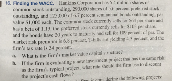16. Finding the WACC. Hankins Corporation has 5.4 million shares of common stock outstanding, 290,000 shares of 5.6 percent p