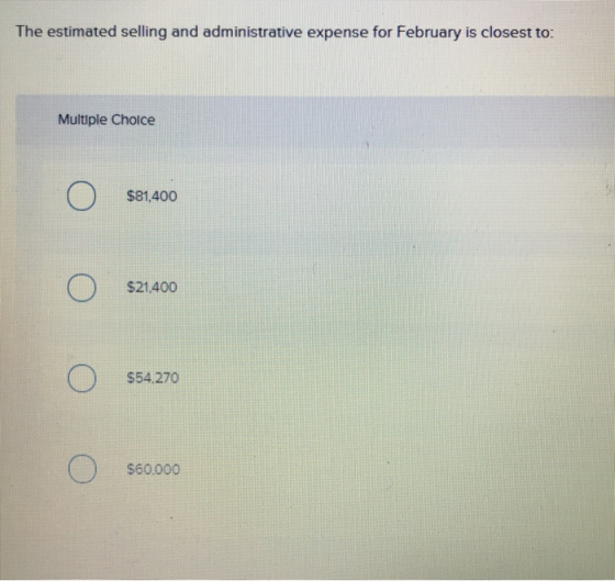 The estimated selling and administrative expense for February is closest to: Multiple Choice $81,400 $21.400 $54.270 $60.000