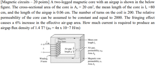 [Magnetic circuits – 20 points] A two-legged magnetic core with an airgap is shown in the below figure. The cross-sectional a
