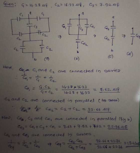 a a than Ce I can b lo (6) Cez. Ces Giren: G= 14.28 elf C2 = 16.33 us Cz= 7.5209 ci HH C3 TS II C2 (d) Here, ea c, and ca are