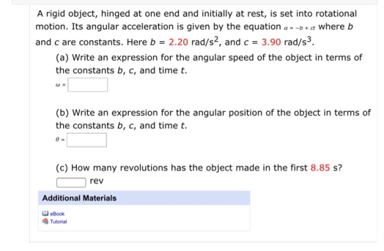 A rigid object, hinged at one end and initially at rest, is set into rotational motion. Its angular acceleration is given by