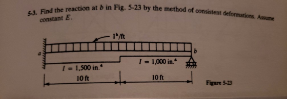 on at b in Fig. 5-23 by the method of consistent deformations constant E 1*/ft I 1,000 in. 1,500 in. 10 ft 1 10 ft Figure 5-23